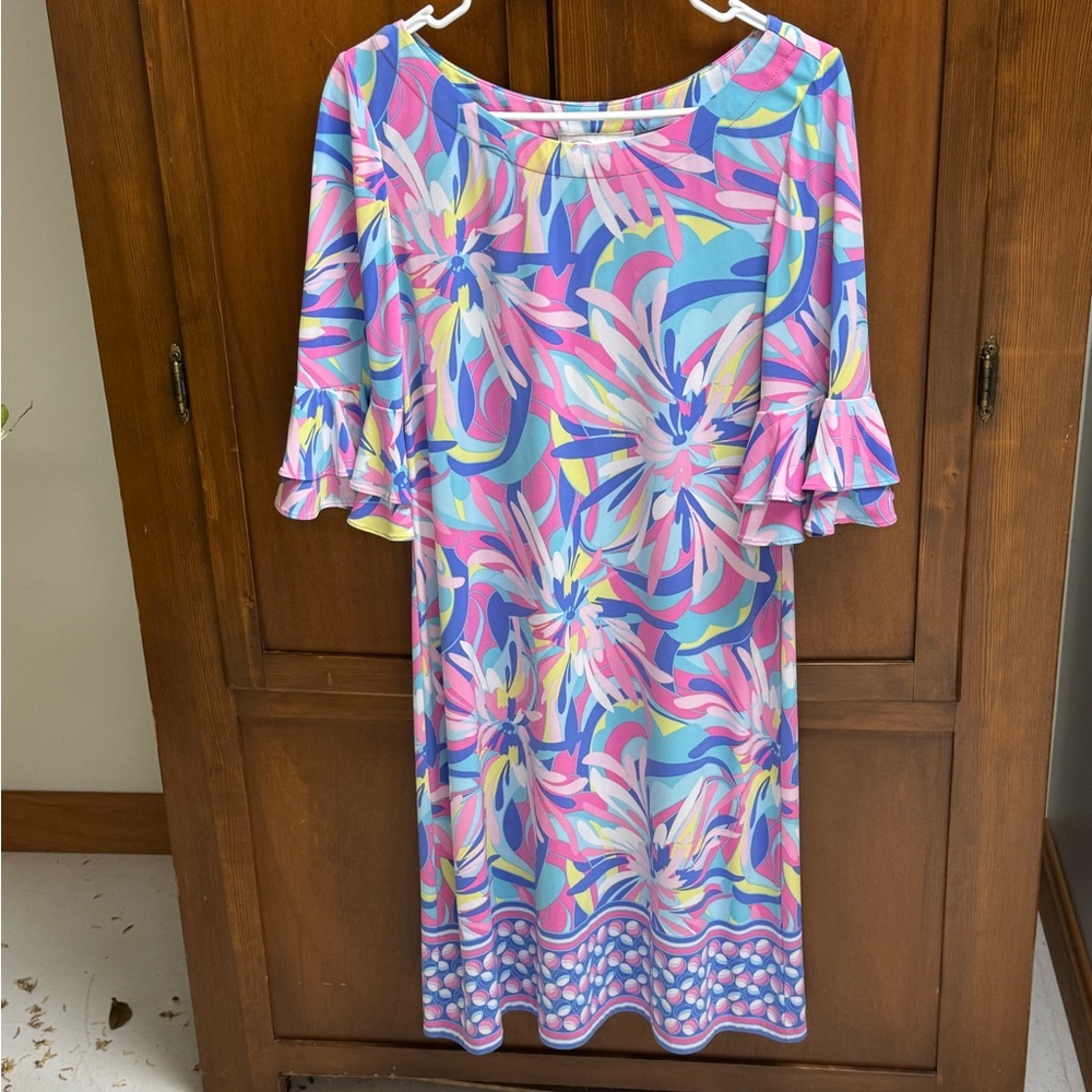 Pappagallo pastel Floral Multicolor Dress 3/4 ruffle belle sleeve MED
